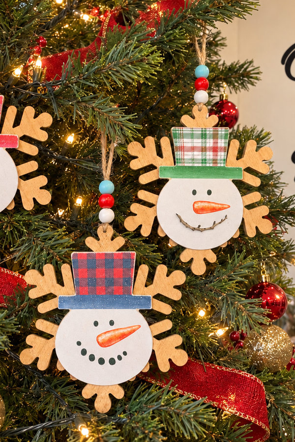 7.87"H Wood Holiday Snowflake W/Snowman Ornament
