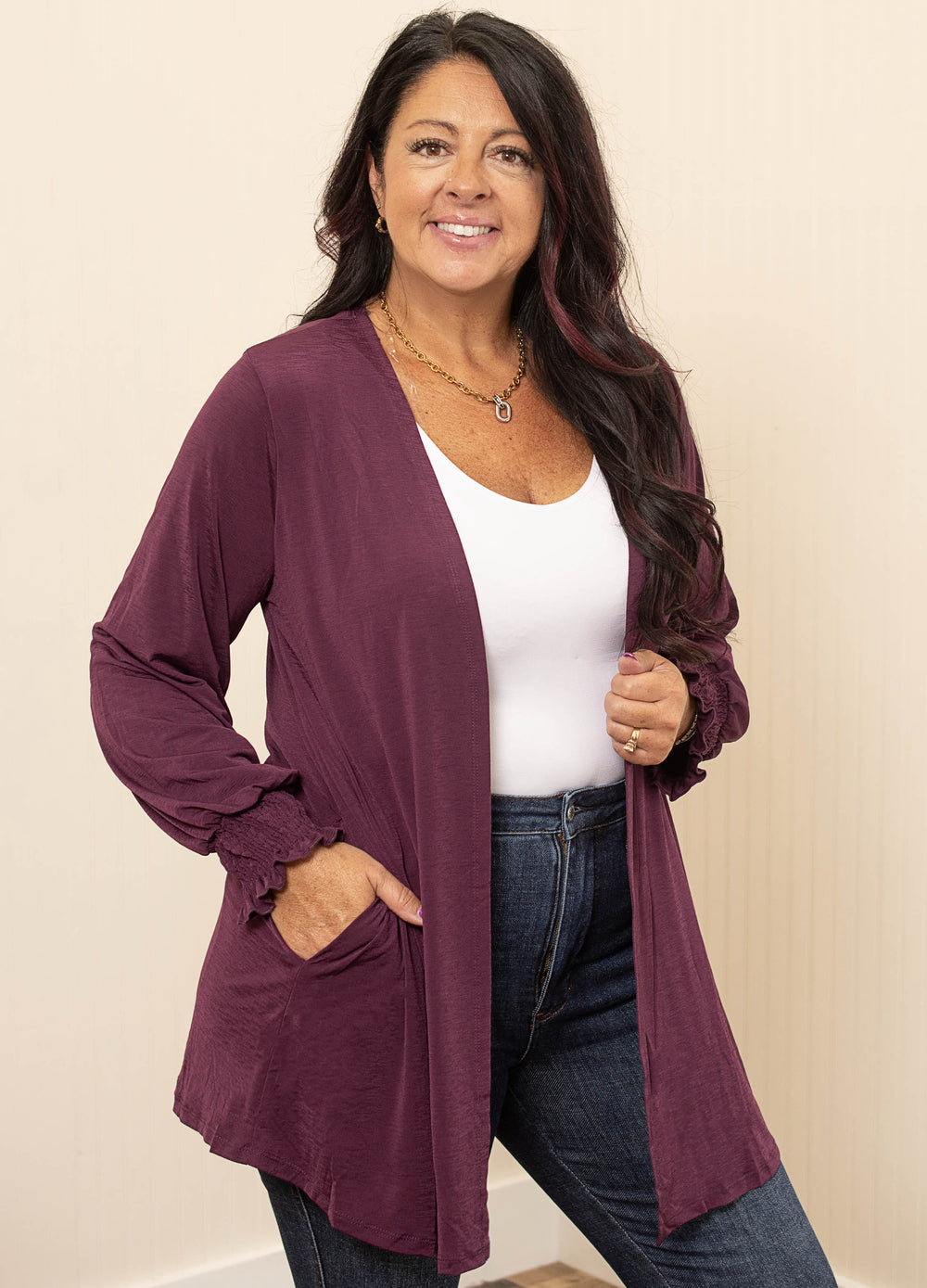 Solid Open Front Smocked Sleeve Flowy Cardigan - Multiple Colors