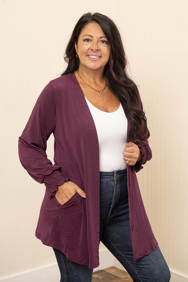 Solid Open Front Smocked Sleeve Flowy Cardigan - Multiple Colors
