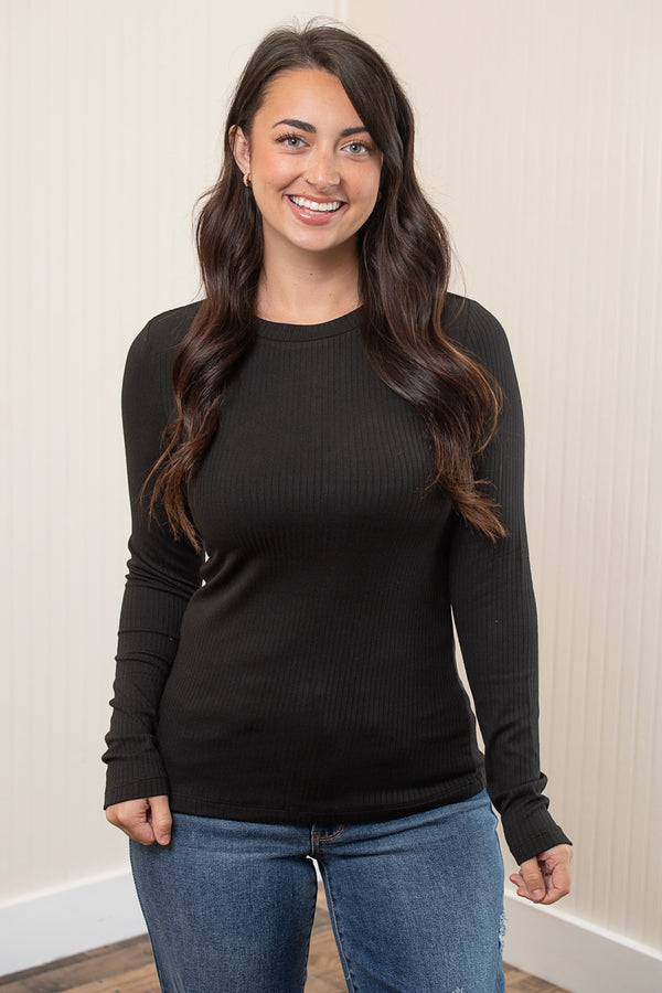 Reese Ribbed Long Sleeve Top - Black