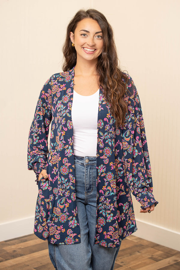Floral Open Front Smocked Sleeve Flowy Cardigan - Navy