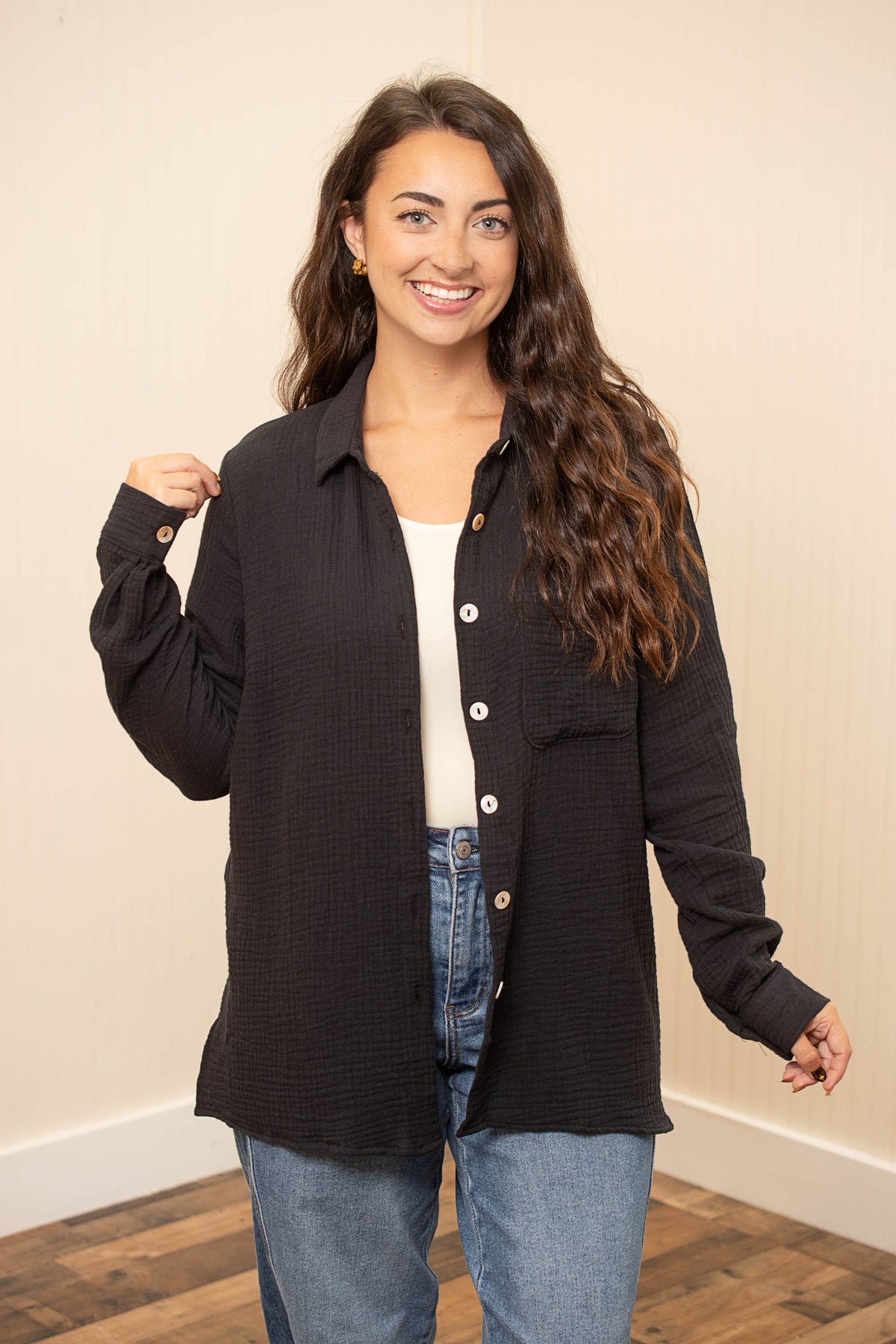 Black Easy Living gauze button-up shirt front view