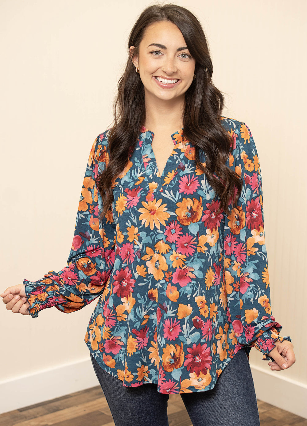 Smocked Sleeve Lizzy Blouse Top - Dark Teal