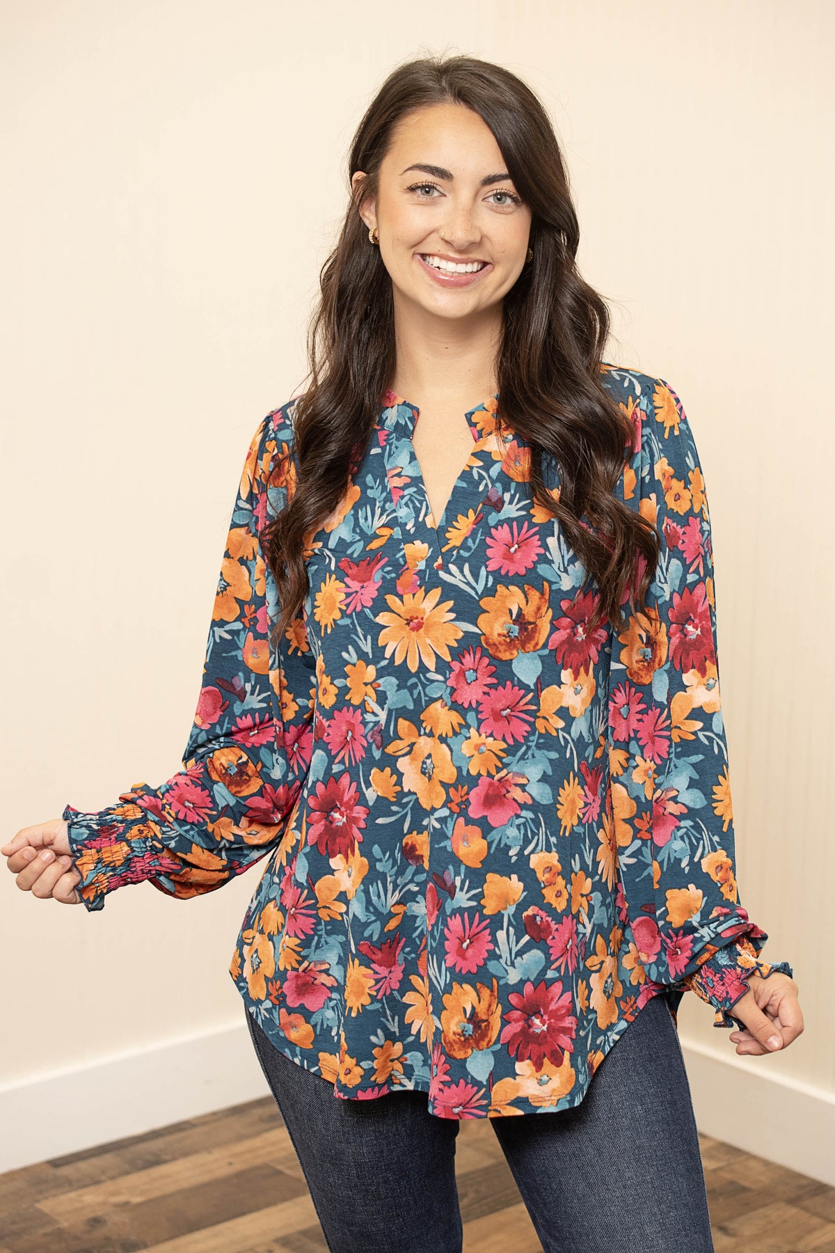 Smocked Sleeve Lizzy Blouse Top - Dark Teal