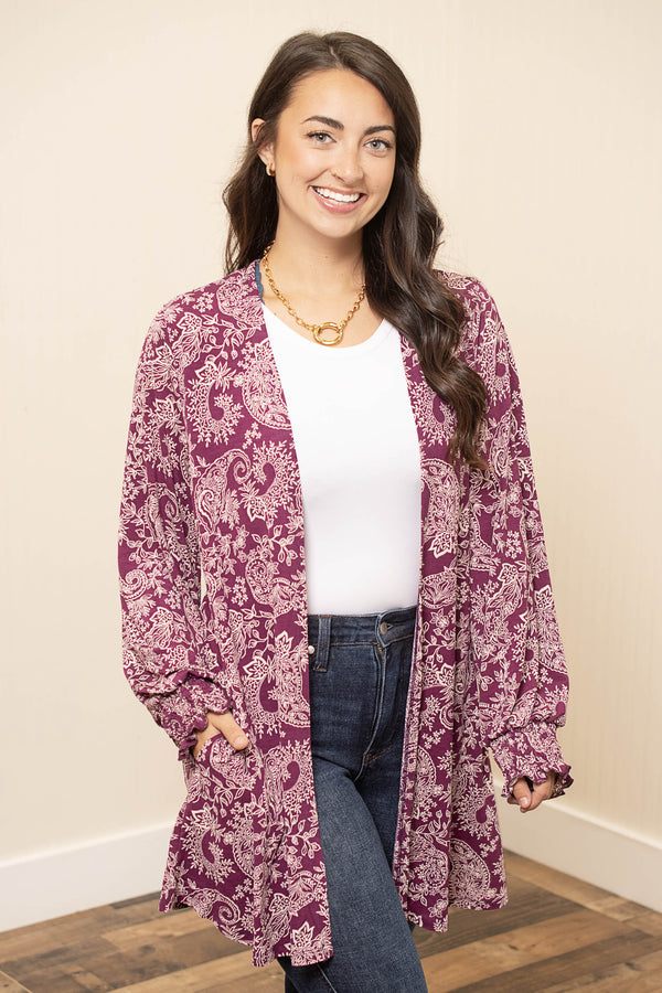 Floral Open Front Smocked Sleeve Flowy Cardigan - Wine