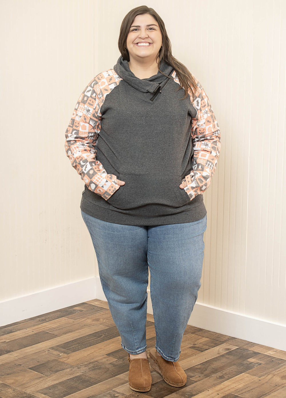 Zoey Zip Cowl Neck Sweatshirt - Checkered & Charcoal
