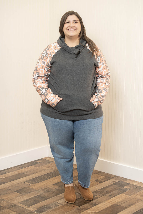 Zoey Zip Cowl Neck Sweatshirt - Checkered & Charcoal