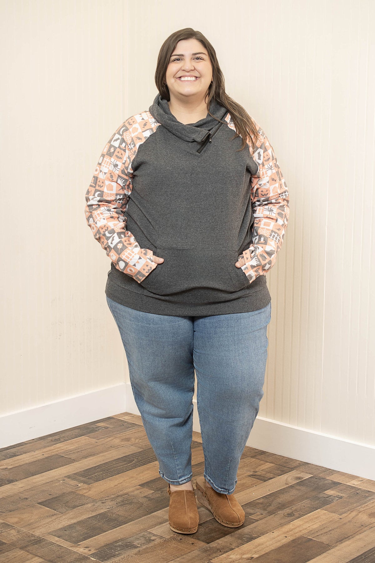 Zoey Zip Cowl Neck Sweatshirt - Checkered & Charcoal