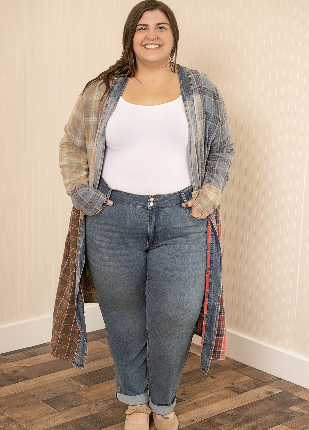 Mixed Plaid Block Long Sleeve Kimono