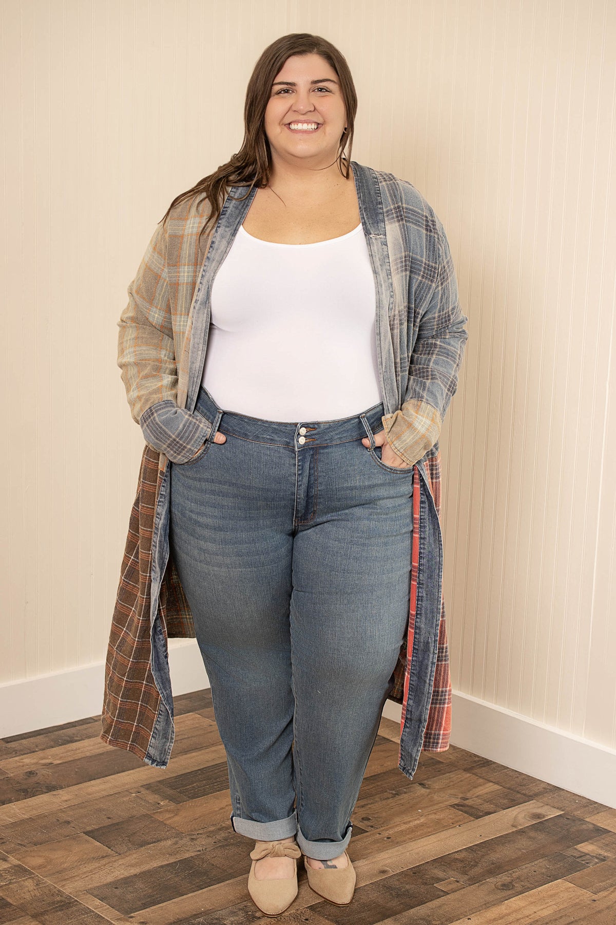 Mixed Plaid Block Long Sleeve Kimono