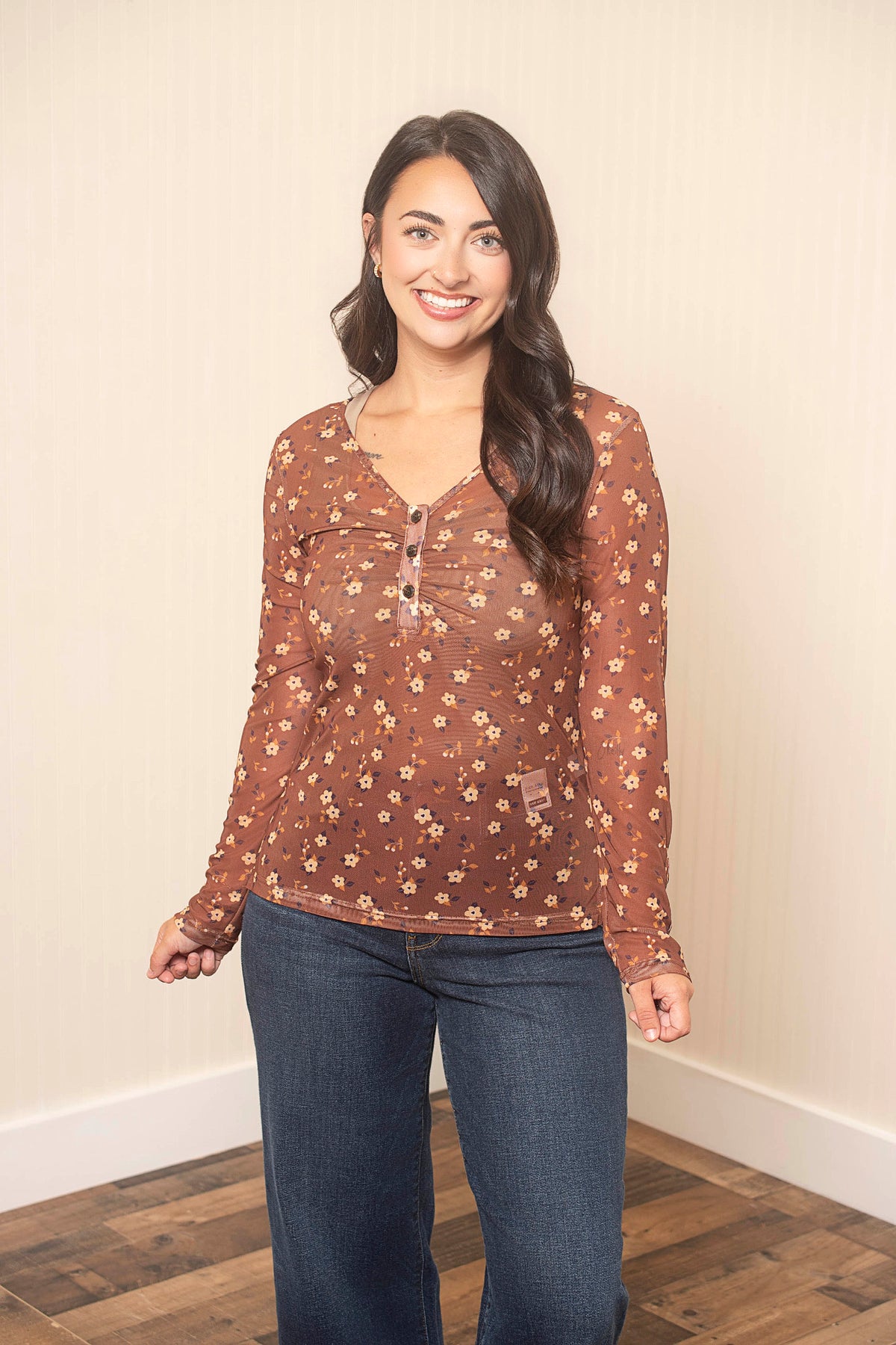 Annie V-Neck Mesh Top-Brown
