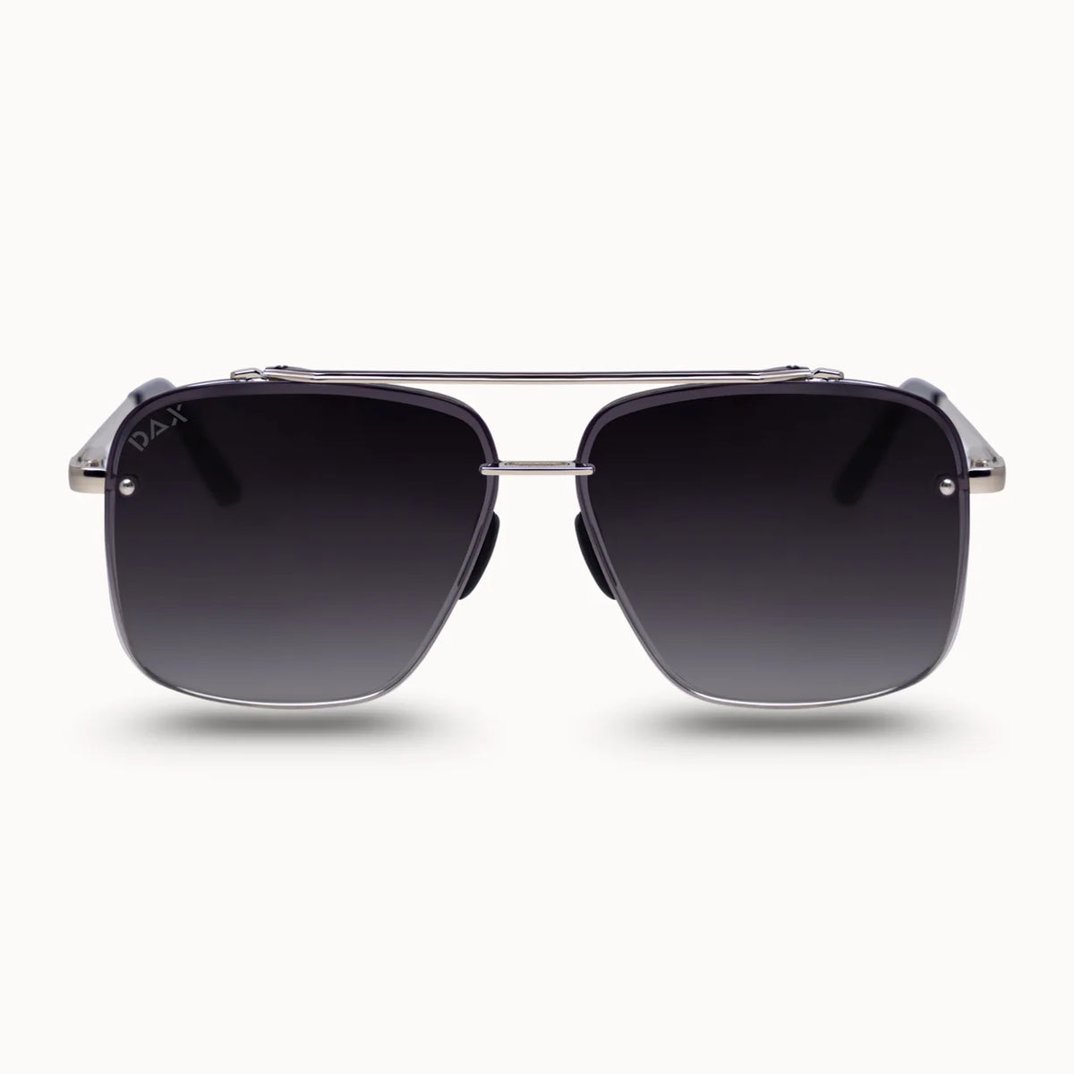 A pair of square aviator-style sunglasses with dark gray gradient lenses, a silver metal frame, and a double bridge, shown against a light gray background.