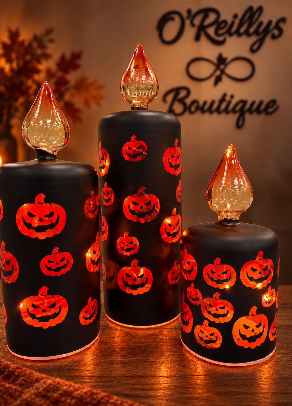 Set of 3 B/O Lighted Glass Halloween Candles W/Timer