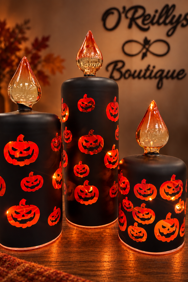 Set of 3 B/O Lighted Glass Halloween Candles W/Timer
