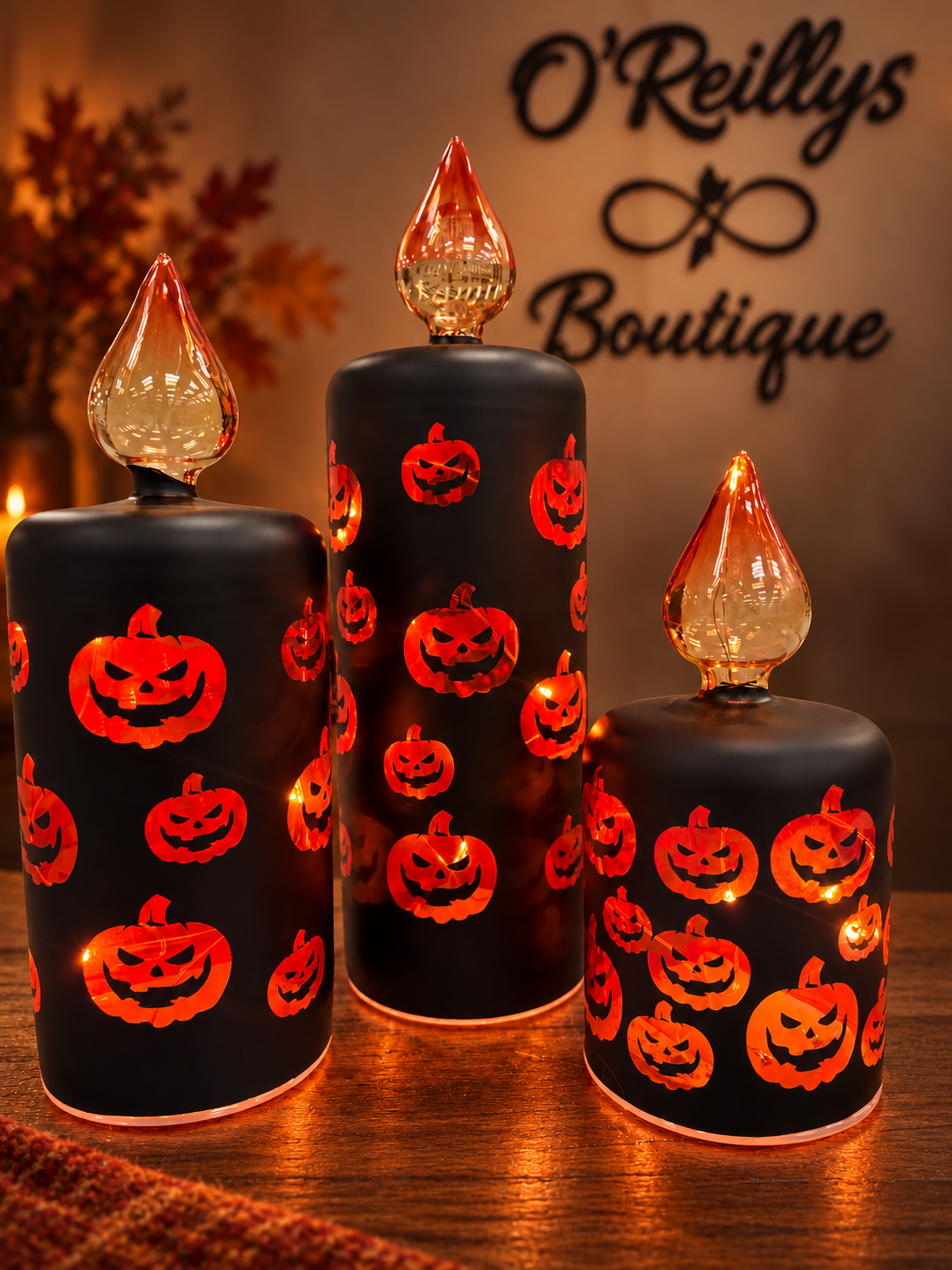 Set of 3 B/O Lighted Glass Halloween Candles W/Timer
