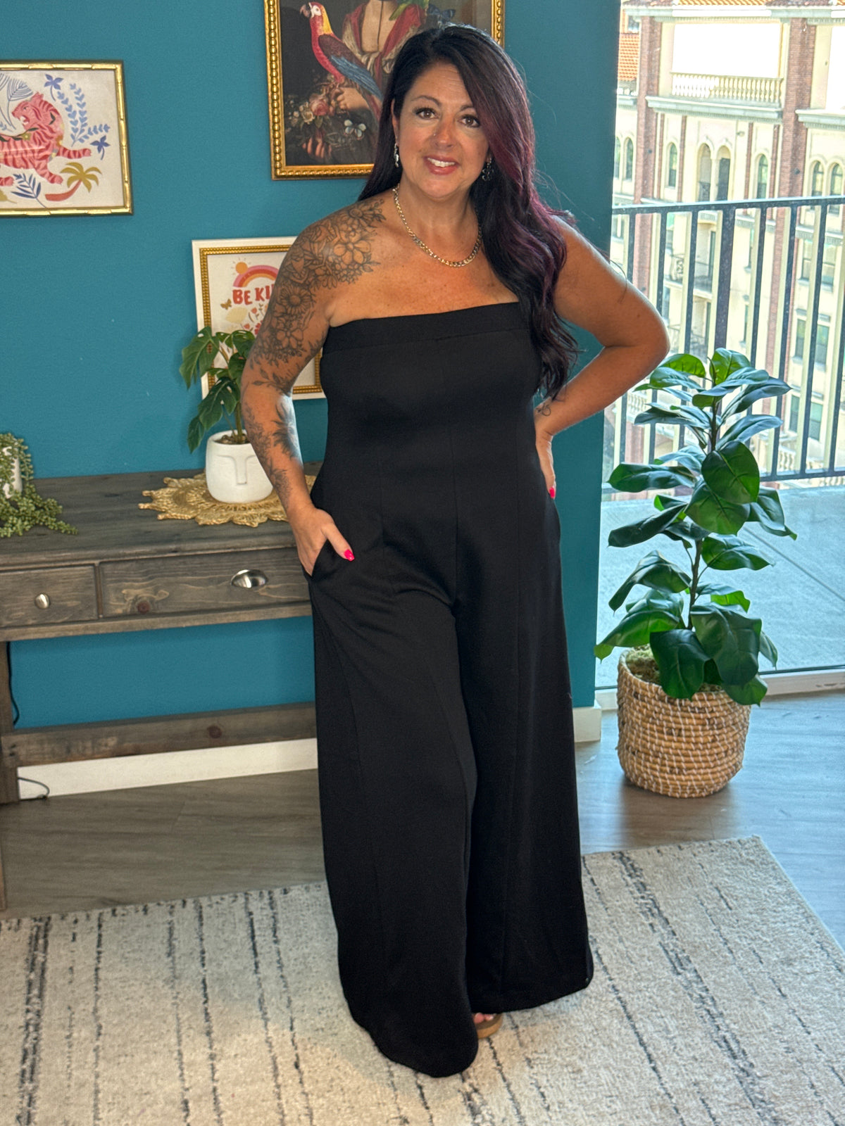 Strapless Open Back Wide Leg Jumpsuit - Black