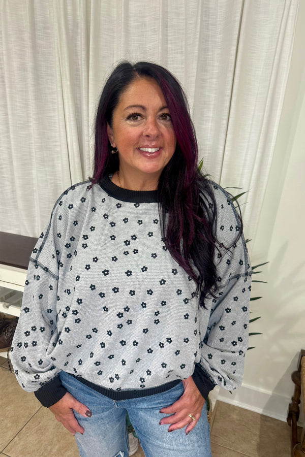Floral Print Contrast Trim Balloon Sleeve Sweatshirt