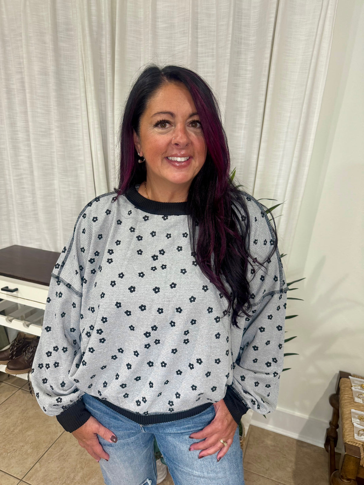 Floral Print Contrast Trim Balloon Sleeve Sweatshirt