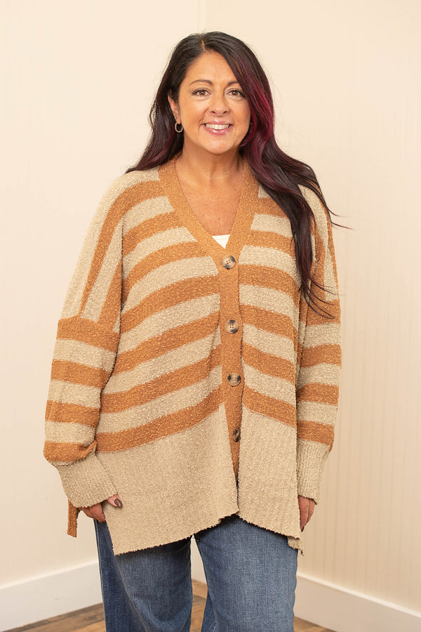 Pop Into Cozy Cardigan - Caramel/Taupe