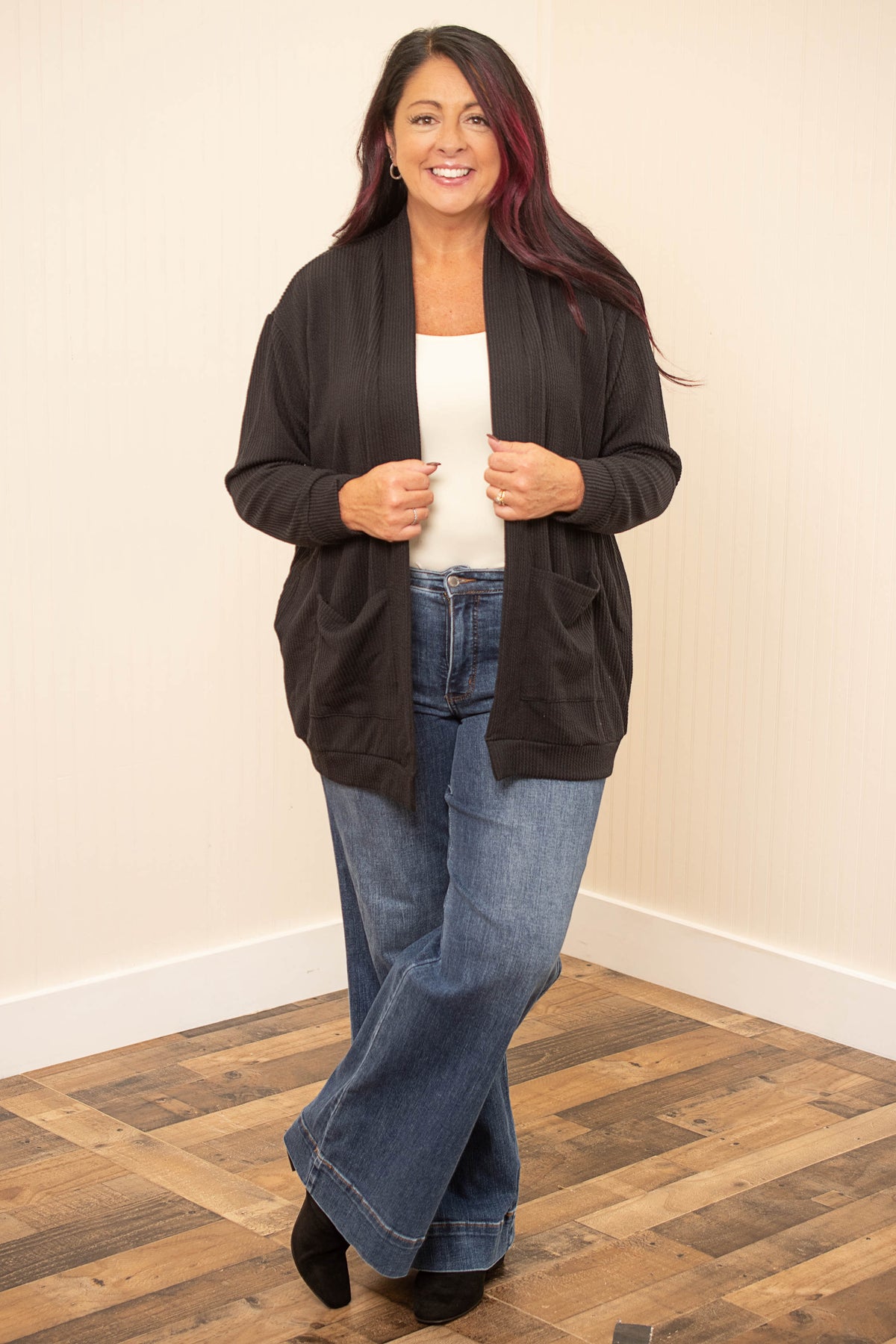 Black Easygoing pocket cardigan with wide leg jeans