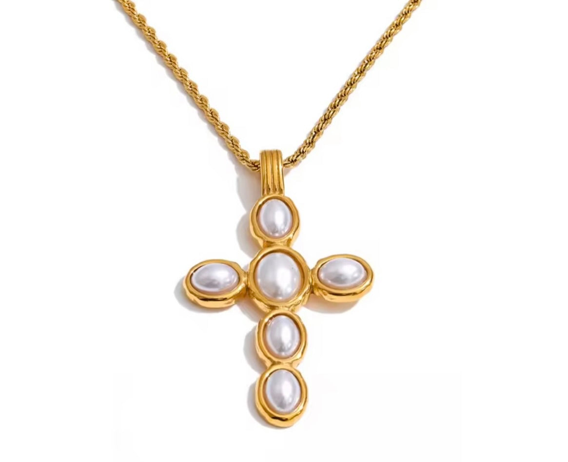 PREORDER- Rachel Pearl Cross Necklace