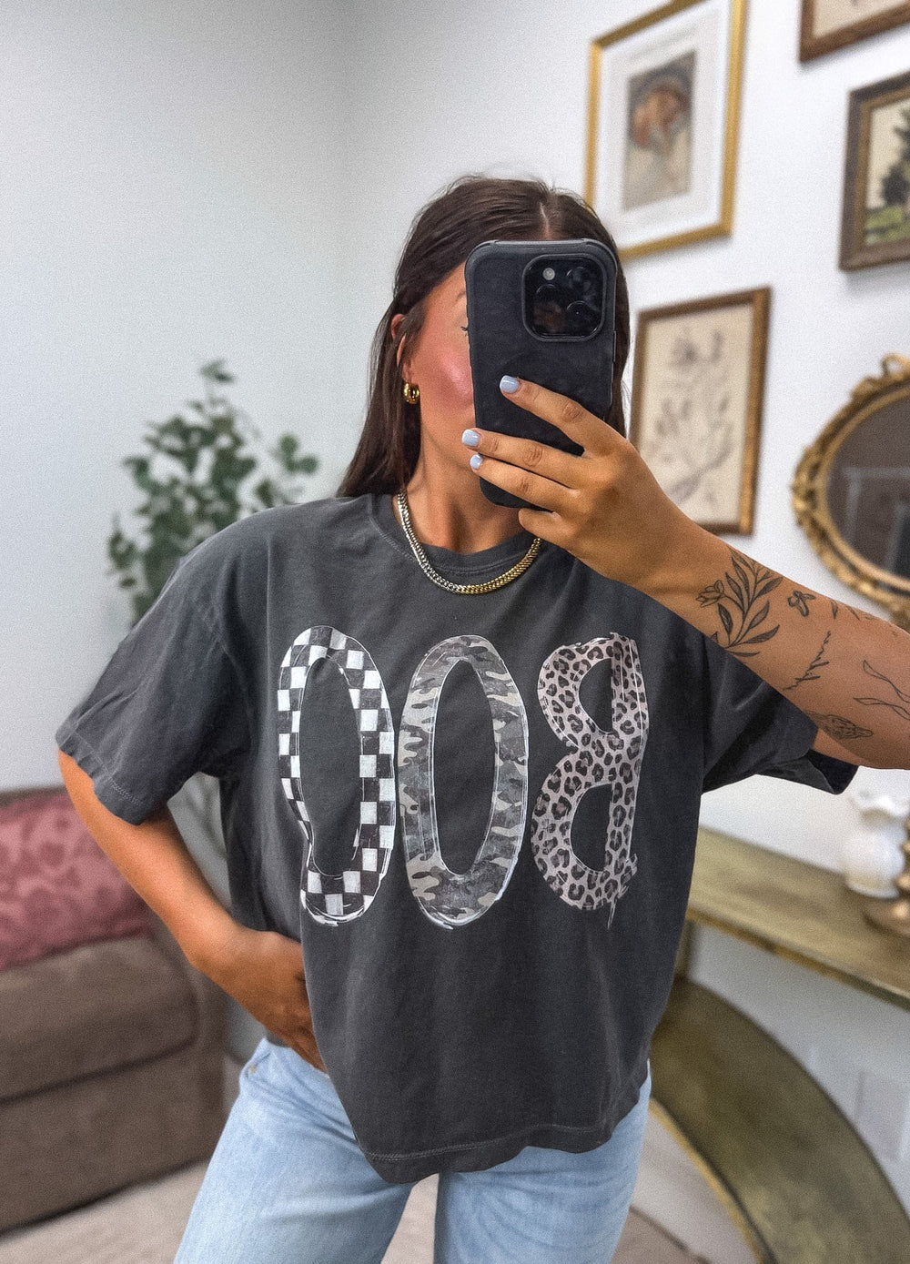 PREORDER- Boo Leopard Camo Checkered Boxy Graphic Tee on Pepper