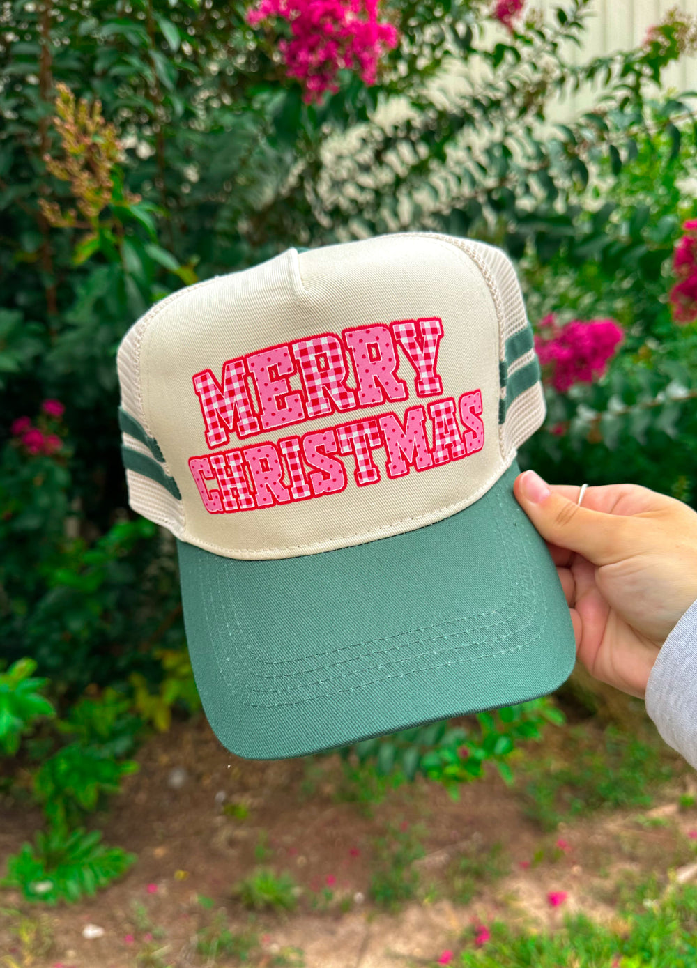PREORDER- Merry Christmas Dark Green Striped Canvas Trucker Hat