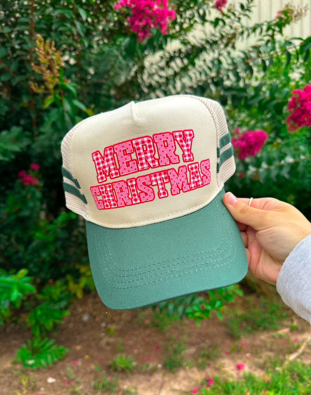PREORDER- Merry Christmas Dark Green Striped Canvas Trucker Hat