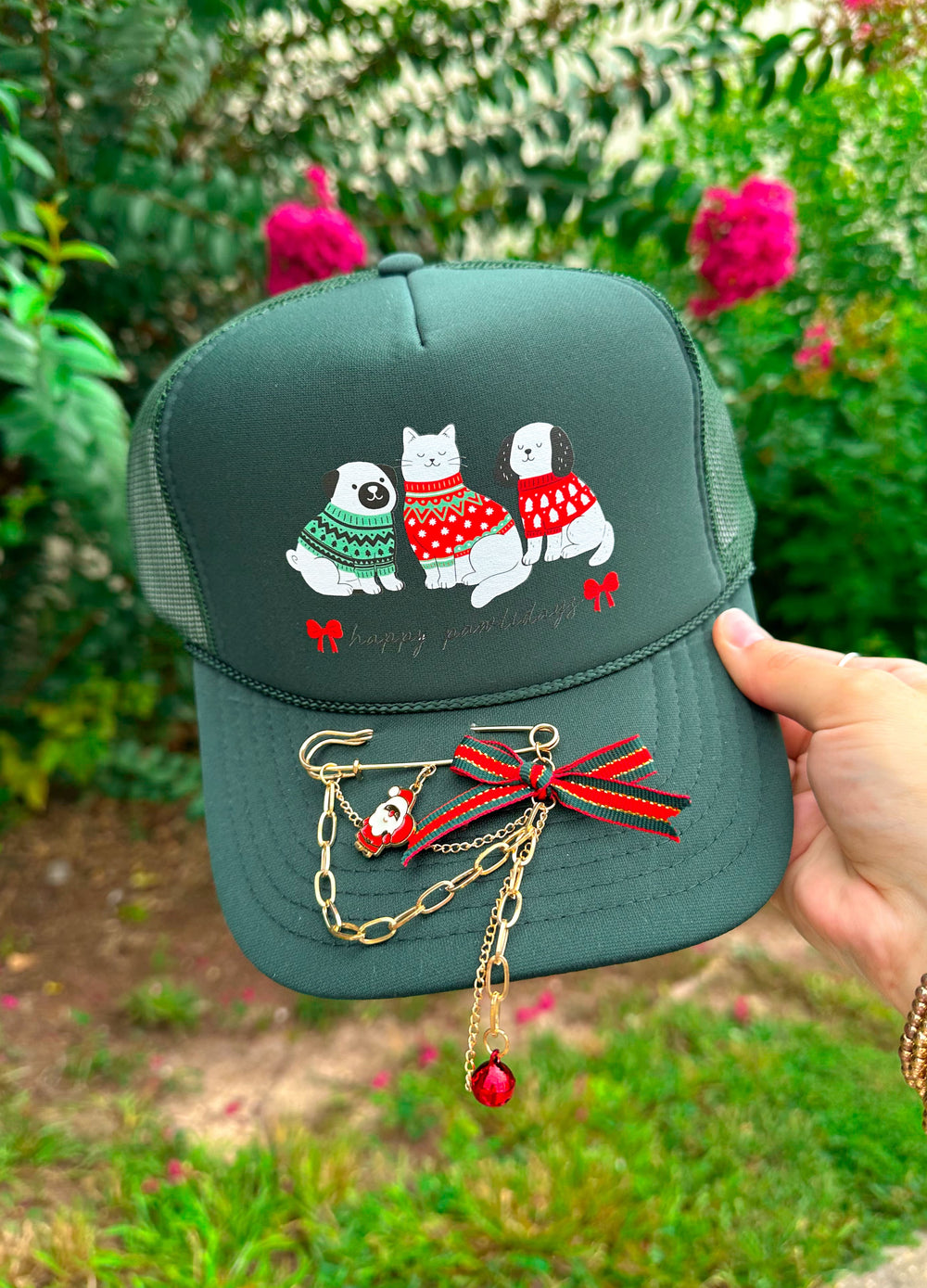 PREORDER- Happy Pawlidays Dark Green Trucker Hat