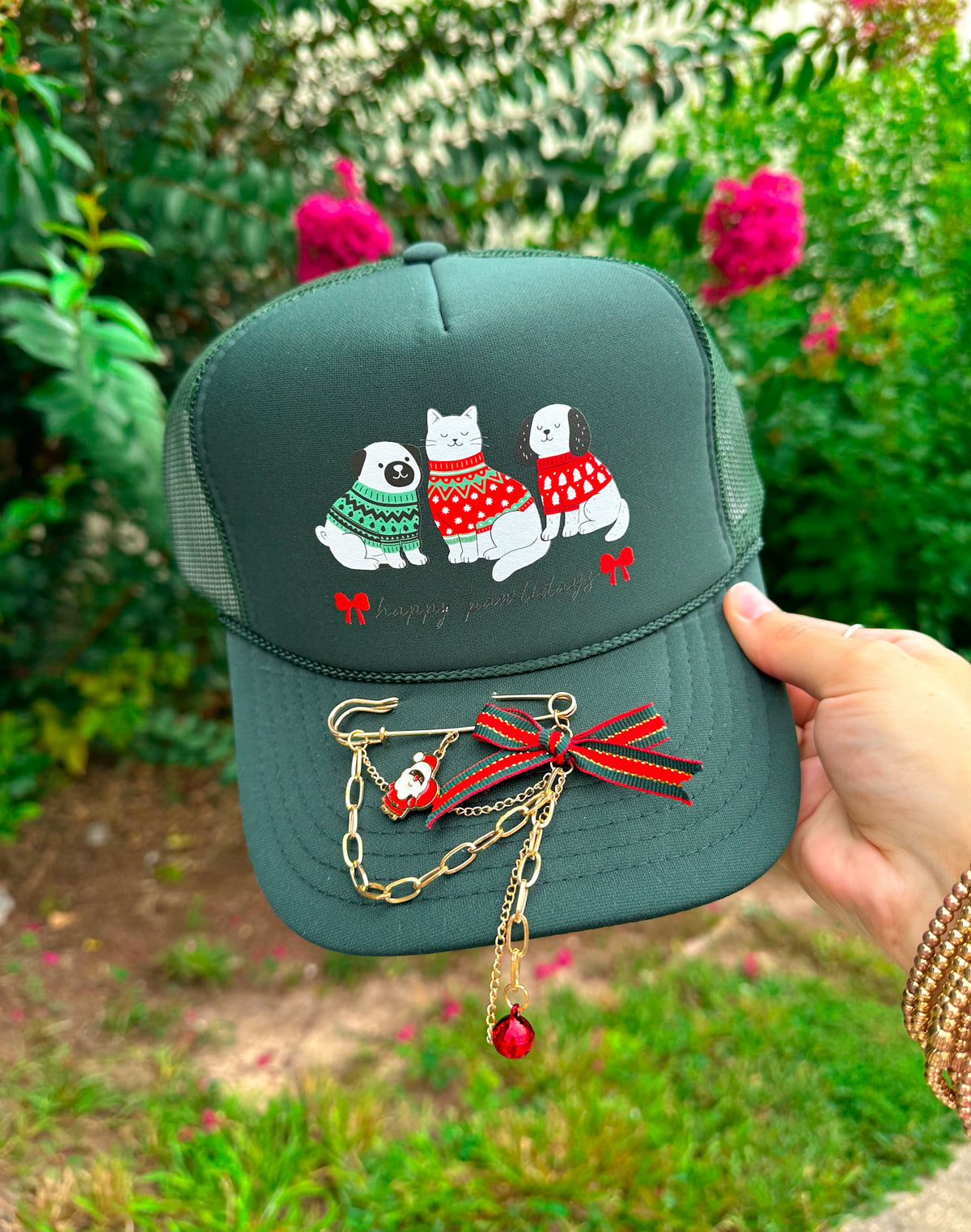 PREORDER- Happy Pawlidays Dark Green Trucker Hat