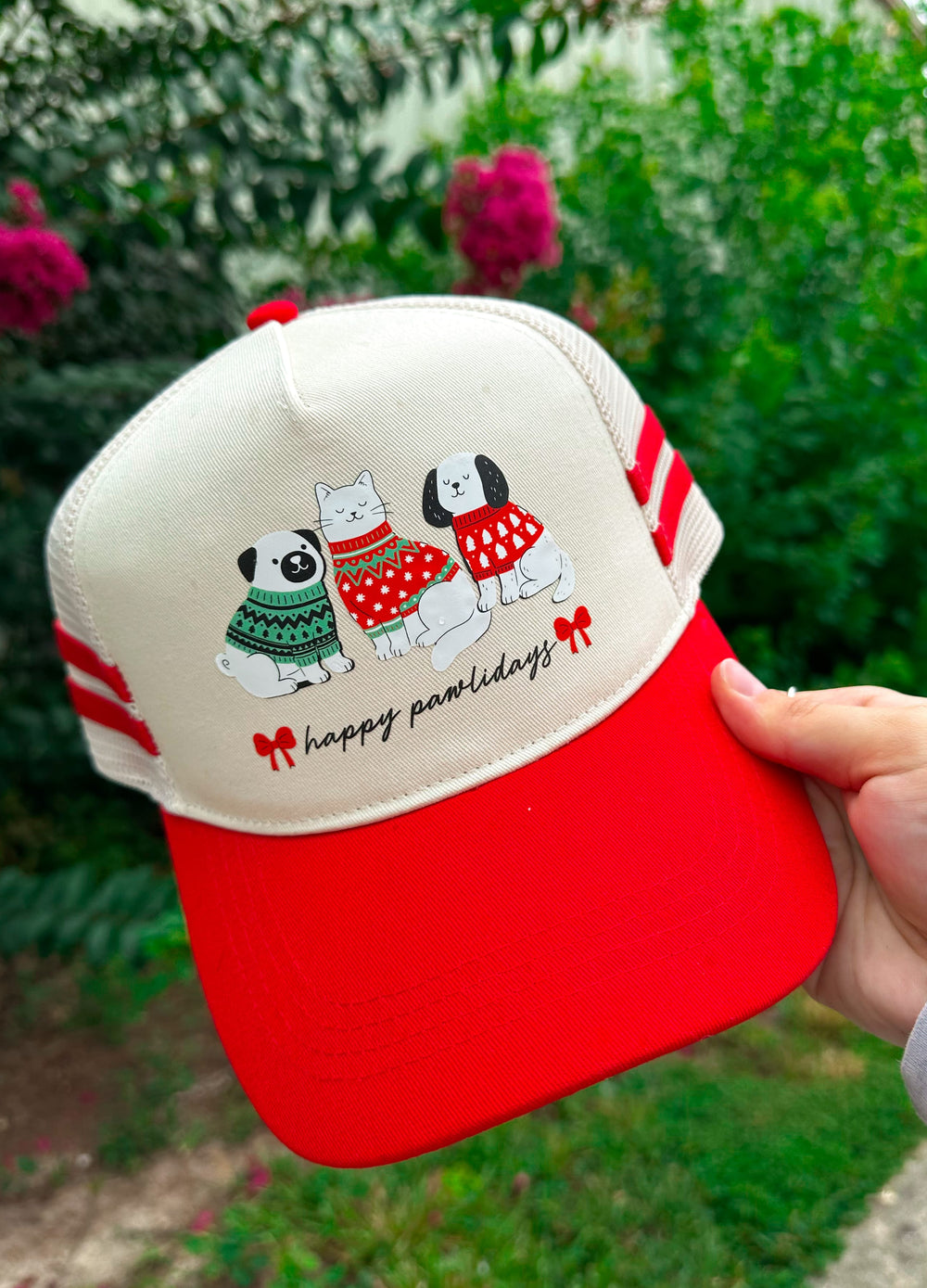 PREORDER- Happy Pawlidays Red Striped Canvas Trucker Hat