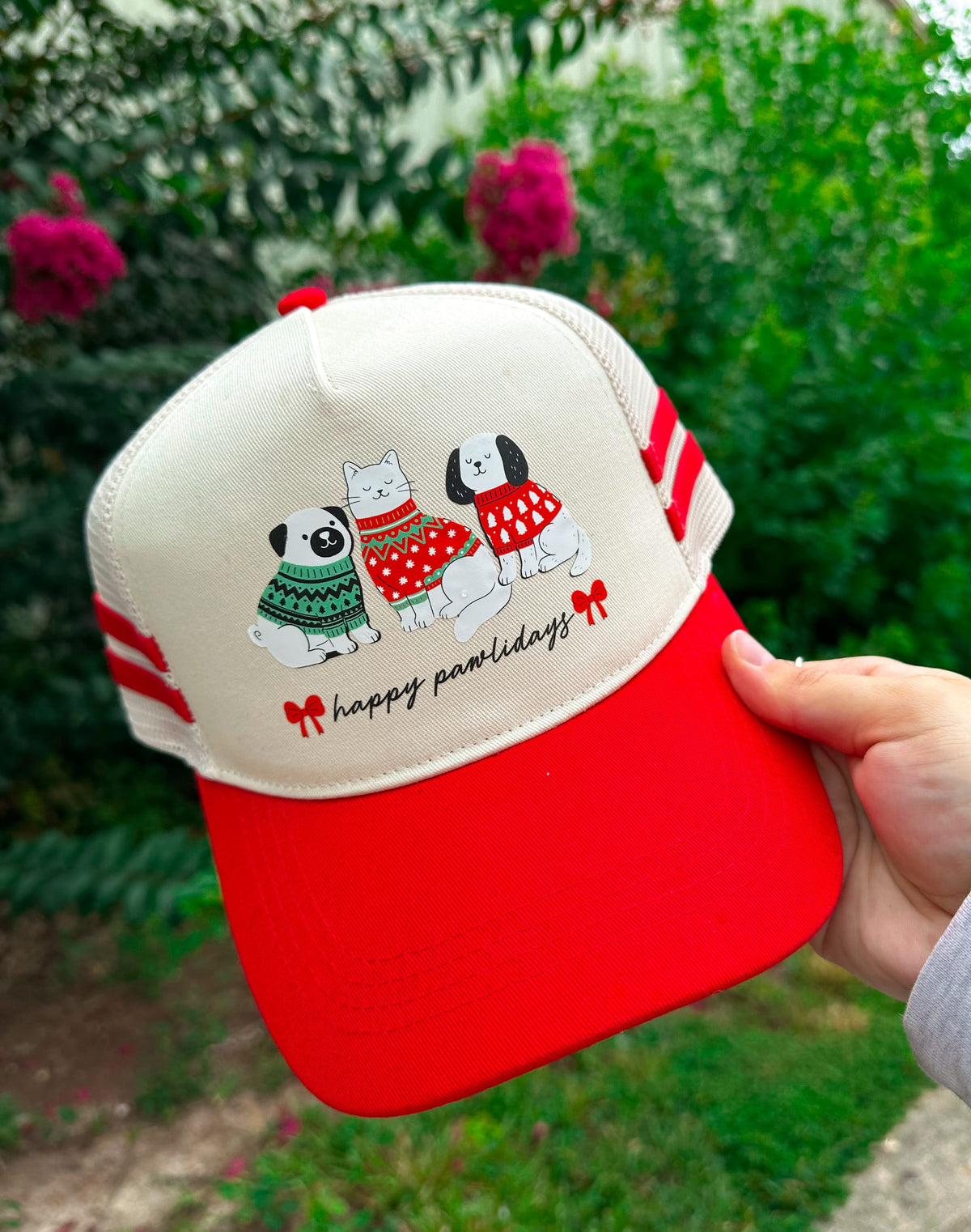 PREORDER- Happy Pawlidays Red Striped Canvas Trucker Hat