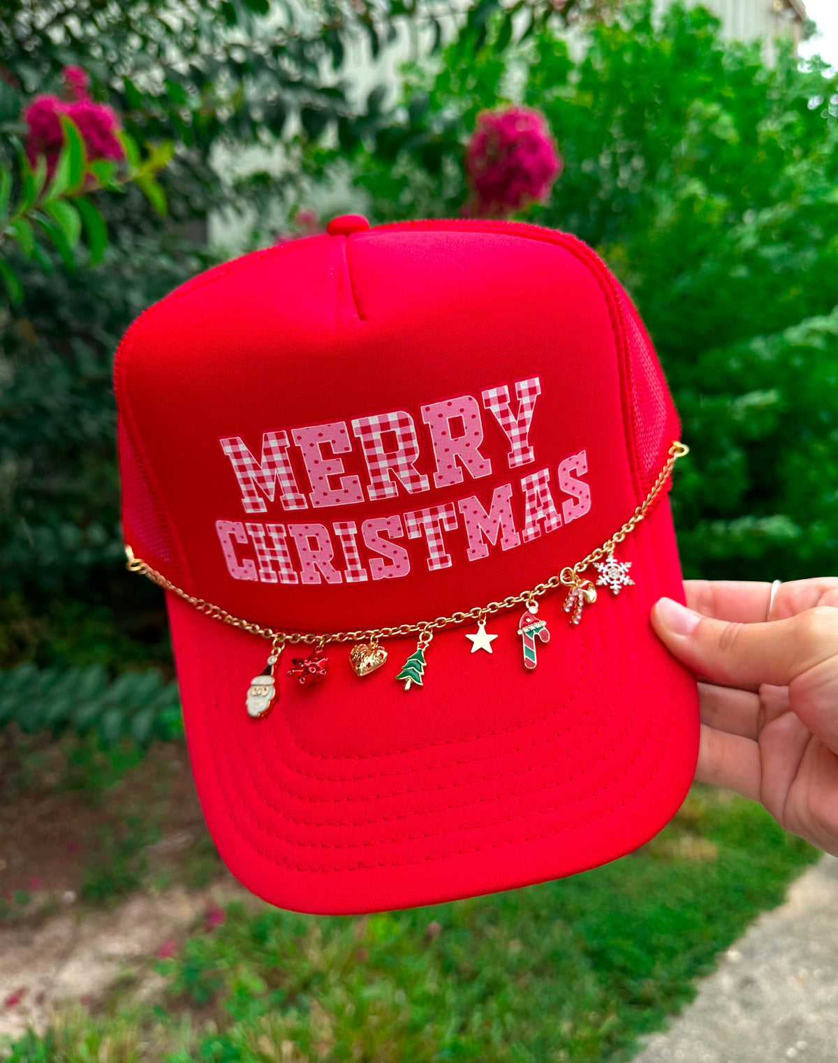 PREORDER- Merry Christmas (gingham font) Red Trucker