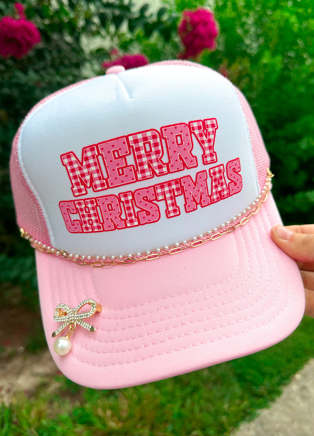 PREORDER- Merry Christmas (gingham font) White/Light Pink Trucker