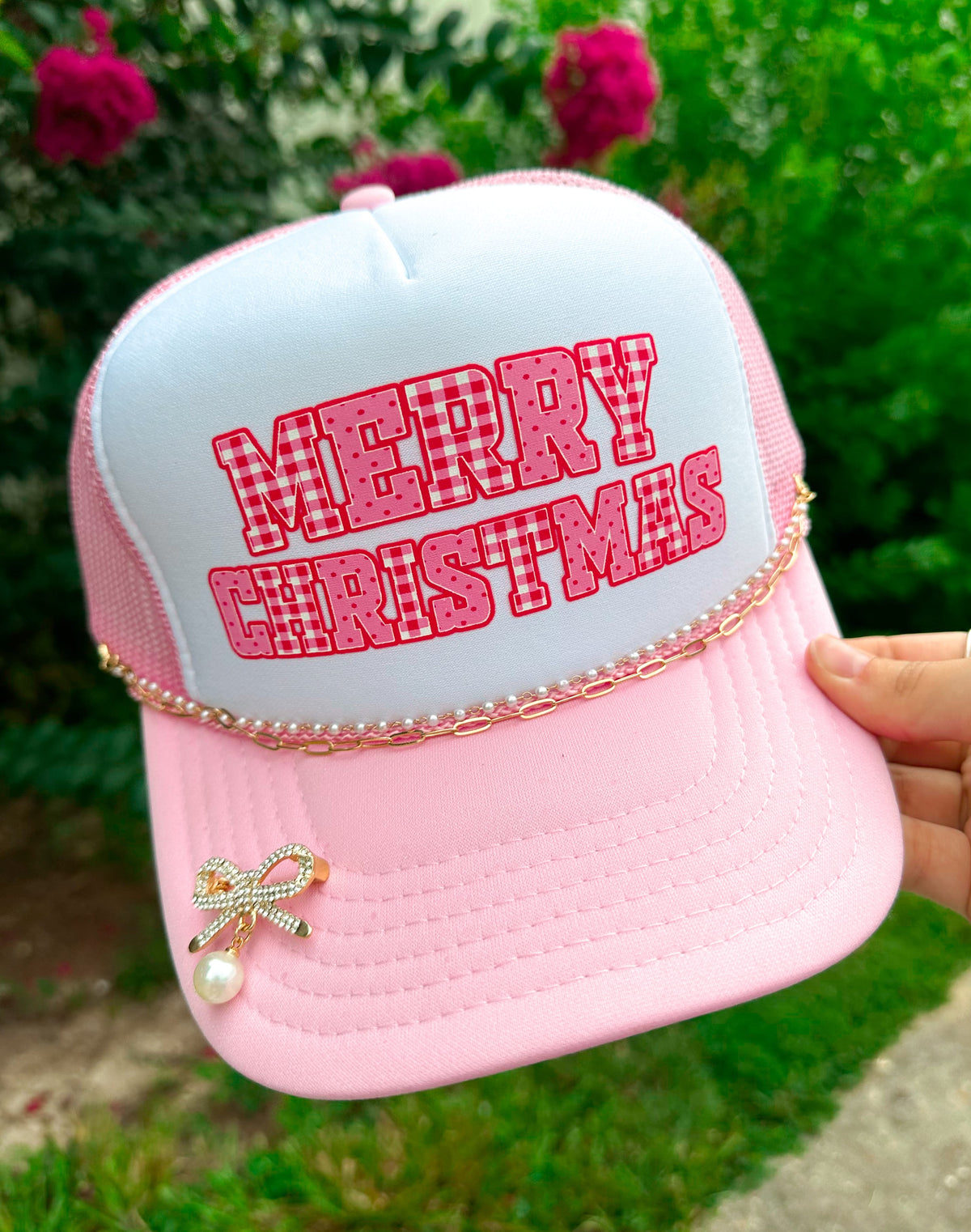 PREORDER- Merry Christmas (gingham font) White/Light Pink Trucker