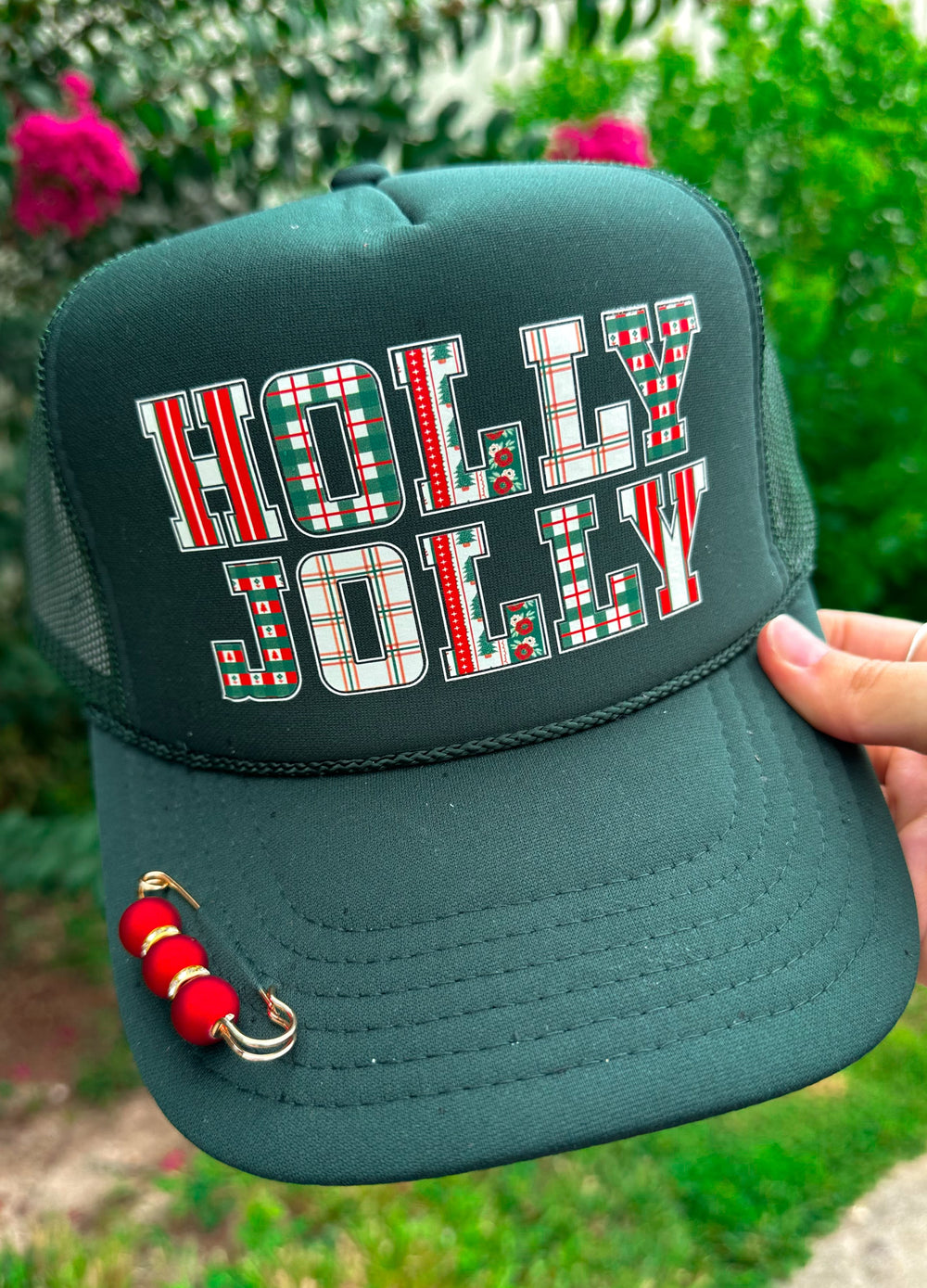 PREORDER- HOLLY JOLLY (plaid font) Dark Green Trucker Hat