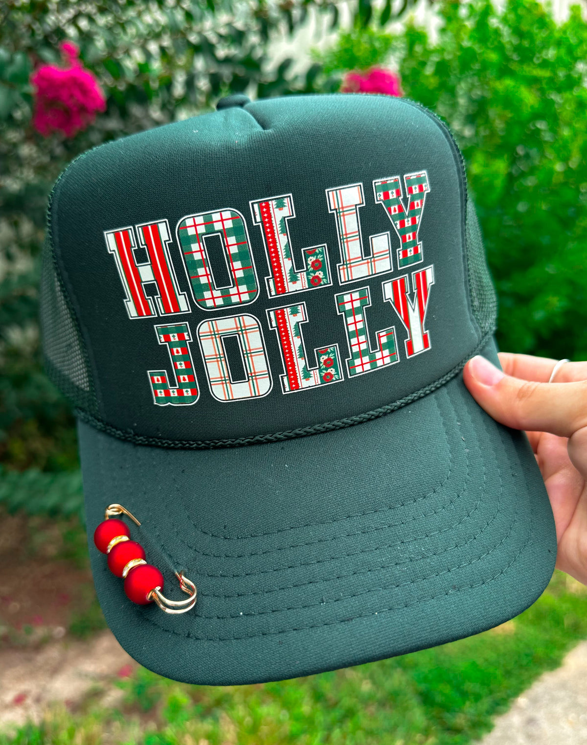 PREORDER- HOLLY JOLLY (plaid font) Dark Green Trucker Hat