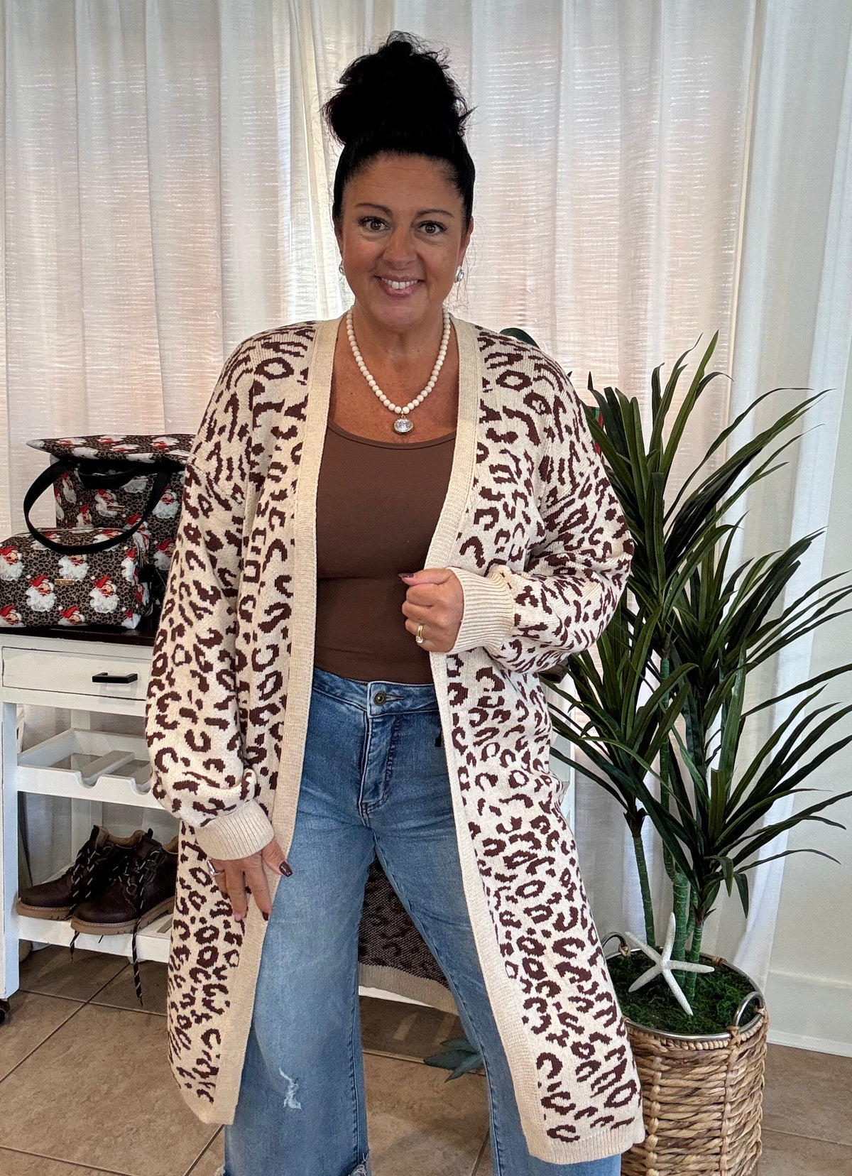 Leopard Print Knit Open Cardigan