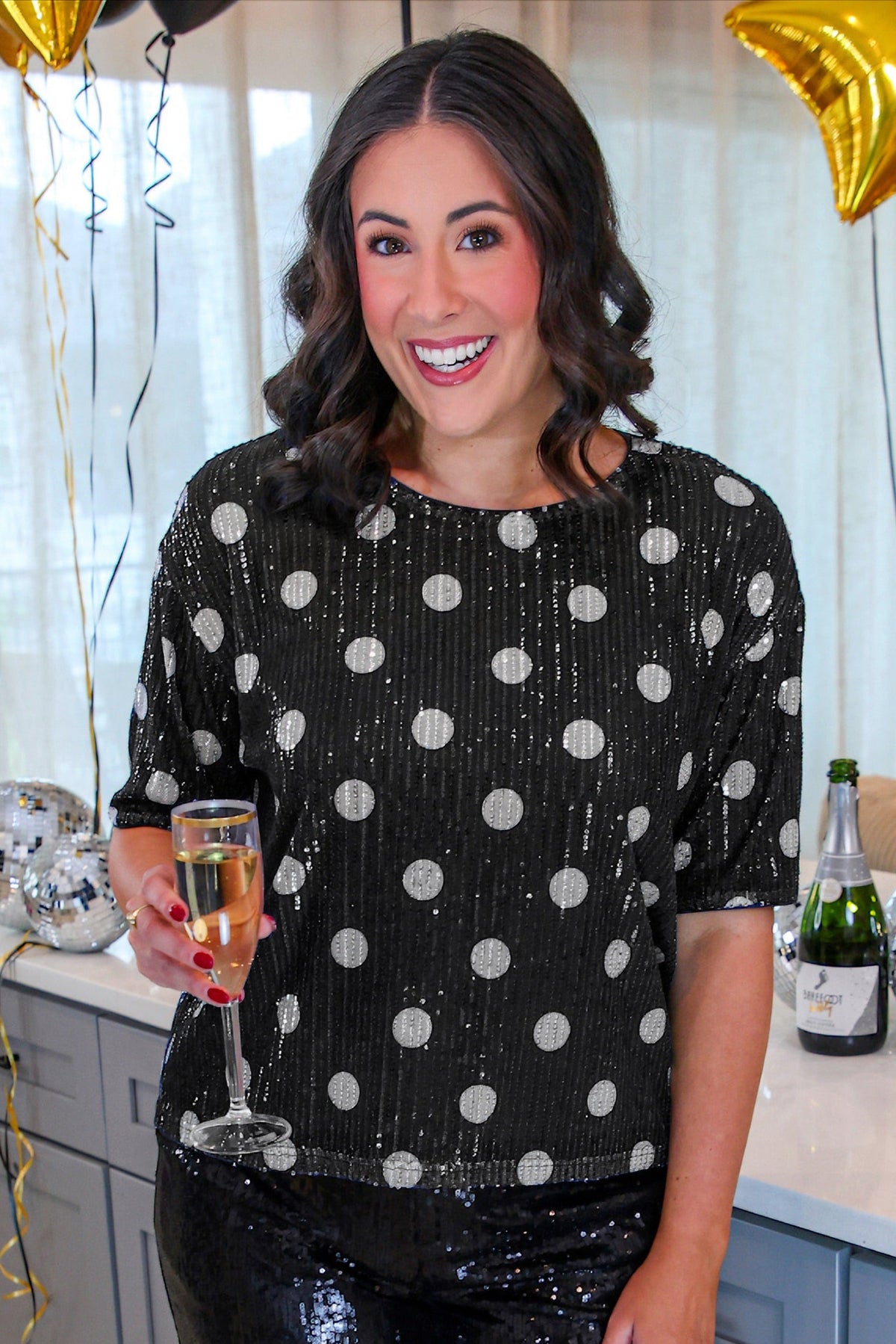 Polka Dot Pop Sequin Top - Black/Silver