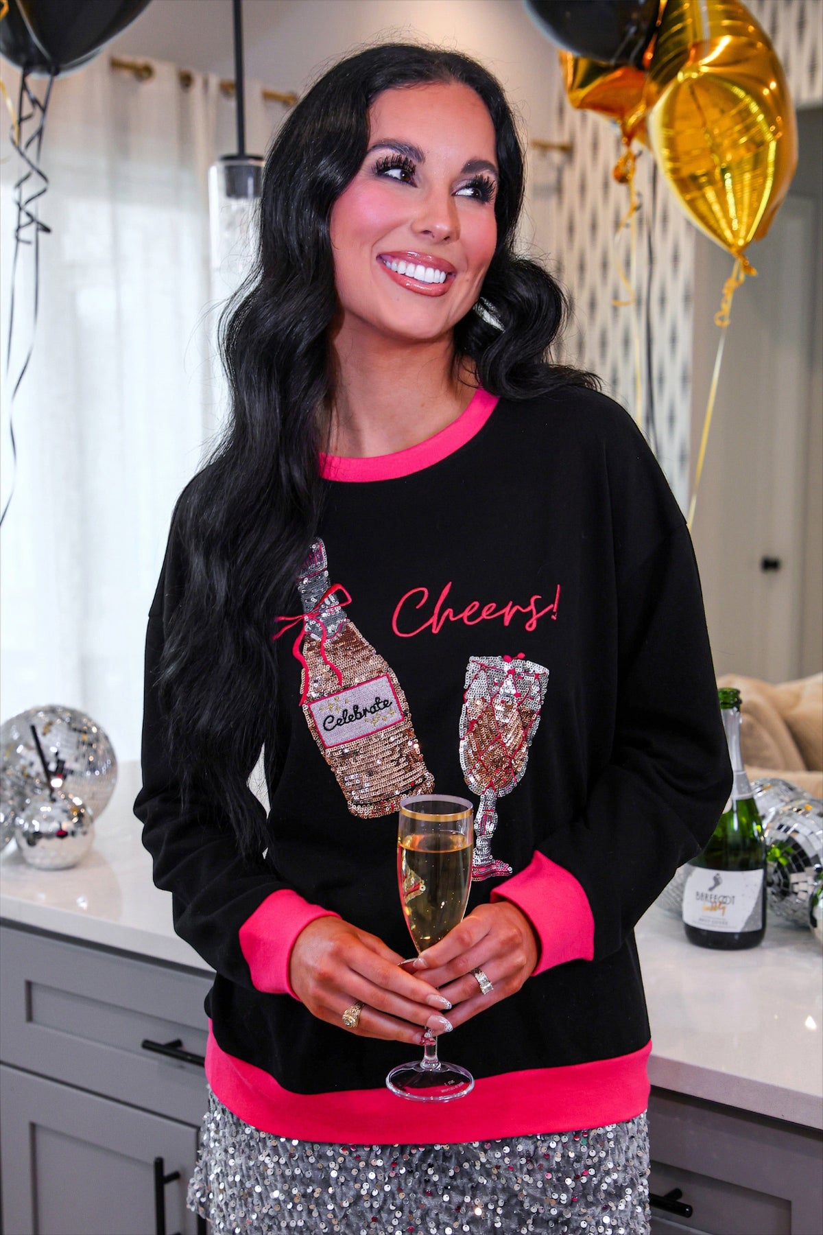 Cheers to That Terry Pullover in Black/Pink