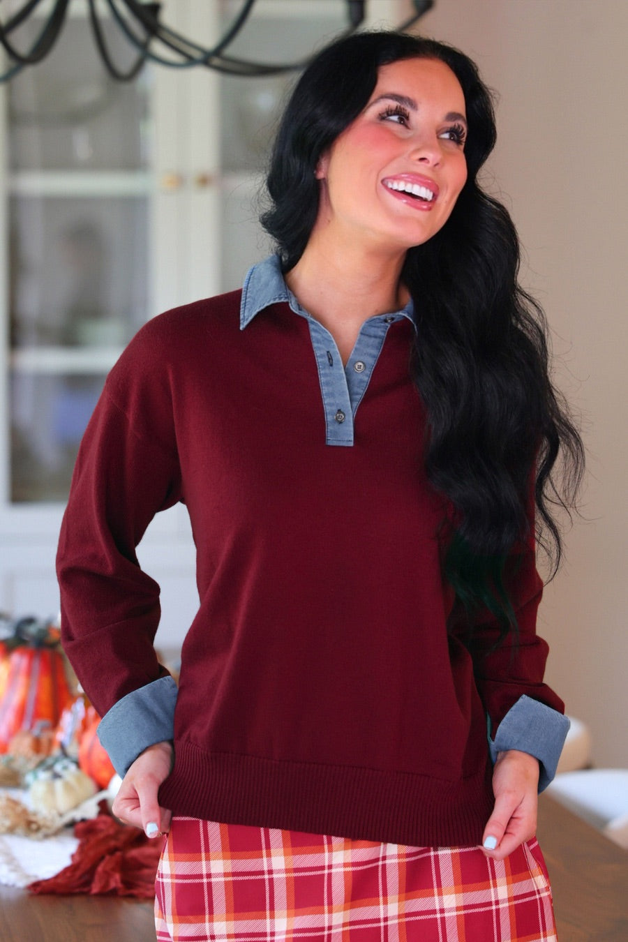 Denim Trim Knit Sweater- Burgundy