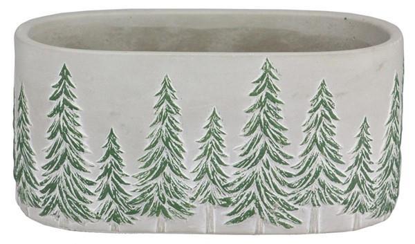 9"X4.25" Cement Oval Planter with Pines - Green