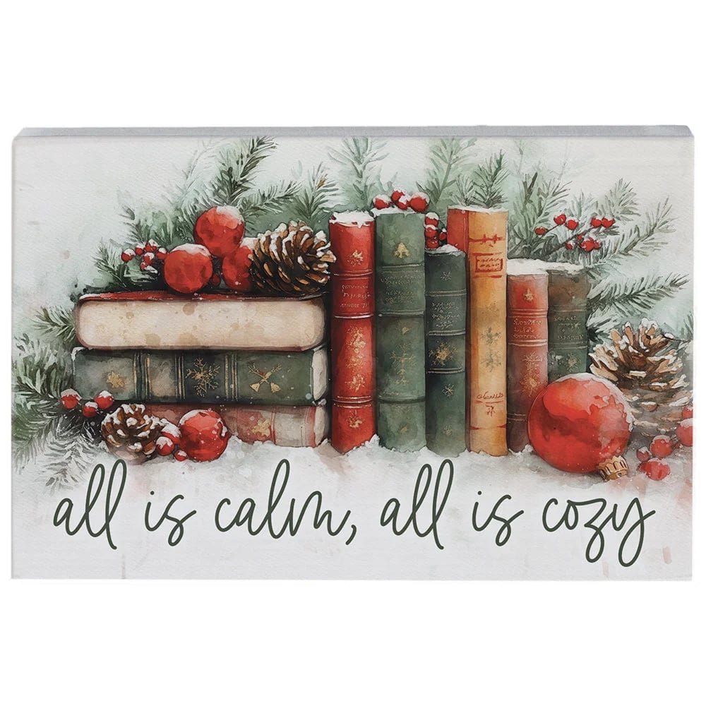 PREORDER- All Is Calm Cozy Books Christmas Tabletop Block Sign Decor