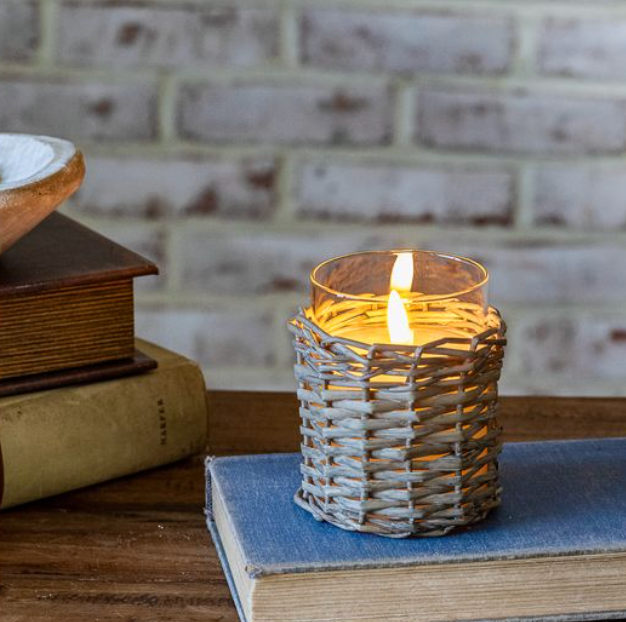 4" Led Glass/wicker Candle