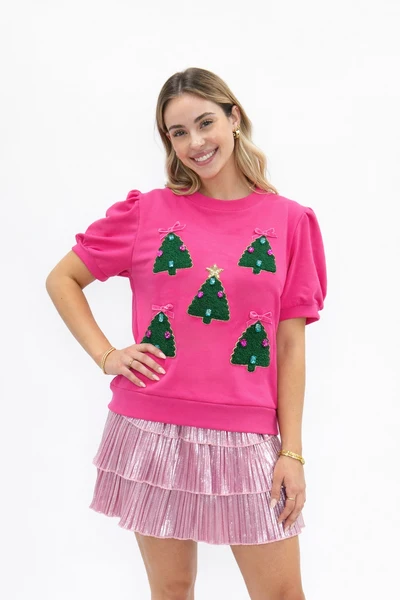 PREORDER- Christmas Tree Patches Short Sleeve Top