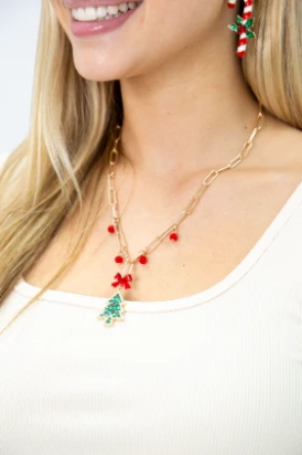 PREORDER- Christmas Tree With Red Bow Necklace