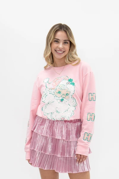 PREORDER- Pastel Sequin Santa Patch Long Sleeve Top