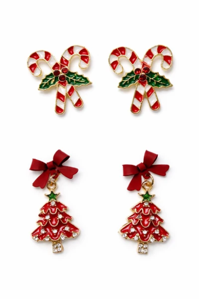 PREORDER- Red Christmas Trees And Candy Canes Earrings