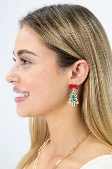 PREORDER- Christmas Tree With Red Bow Earrings