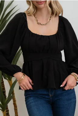 Scoop Neck Back Waist Tie Blouse